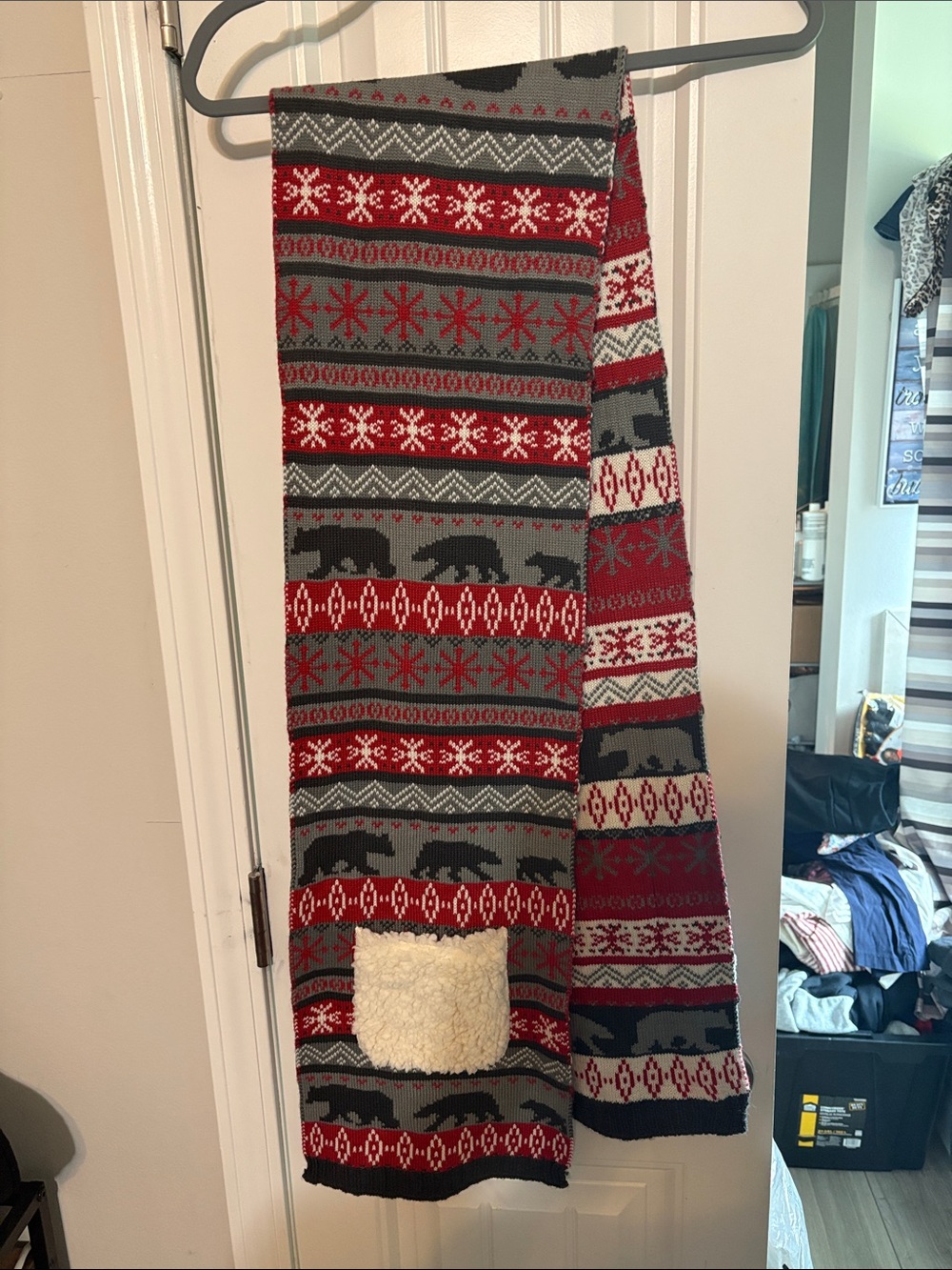 Red and Gray Fair Isle Knit Scarf with Cream Pocket